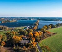 Luftbild einer Freiflächensolaranlage bei Sonnenschein und herbstlicher Stimmung.