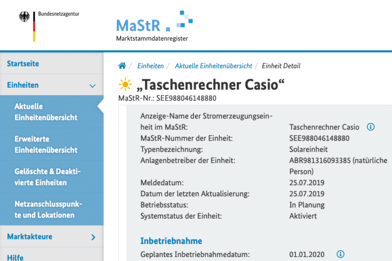 Screenshot MaStR Marktstammdatenregister