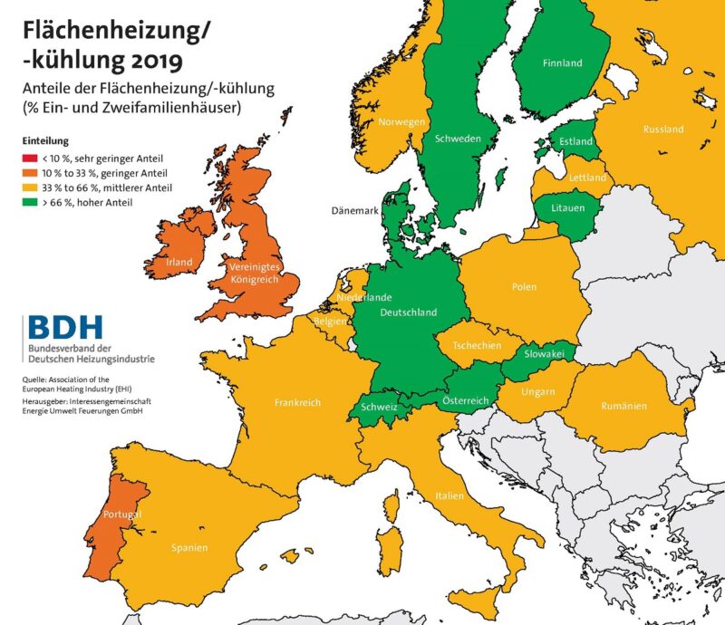 Zu sehen ist eine Europakarte mit den Marktanteilen der Flächenheizung in den europäischen Ländern.