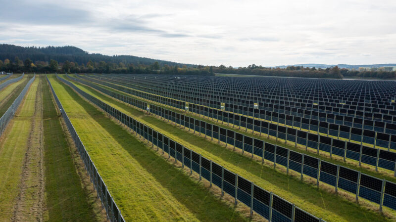 Zahlreiche Reihen senkrecht montierter Solarmodule stehen mit breiten Grünstreifen dazwischen auf einer landwirtschaftlichen Fläche in Donaueschingen-Aasen.