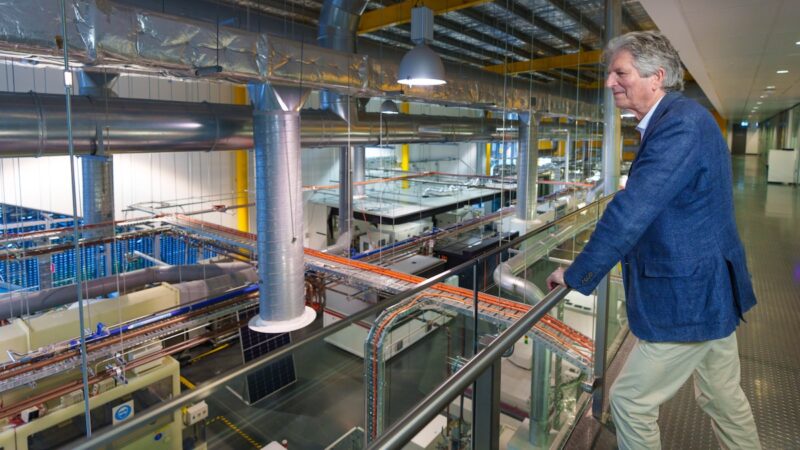 Mann schaut von Empore auf Fabrikhalle - Green in Photovoltaik-Fabrik als Symbol für Bedeutung der PERC-Solarzelle