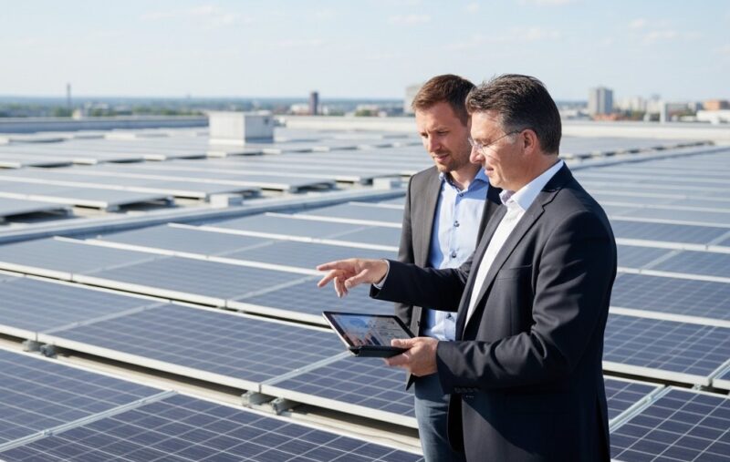 Zwei Personen stehen auf einer Dachfläche mit Photovoltaik-Modulen. Einer hält ein Tablet in der Hand, auf das beide schauen.