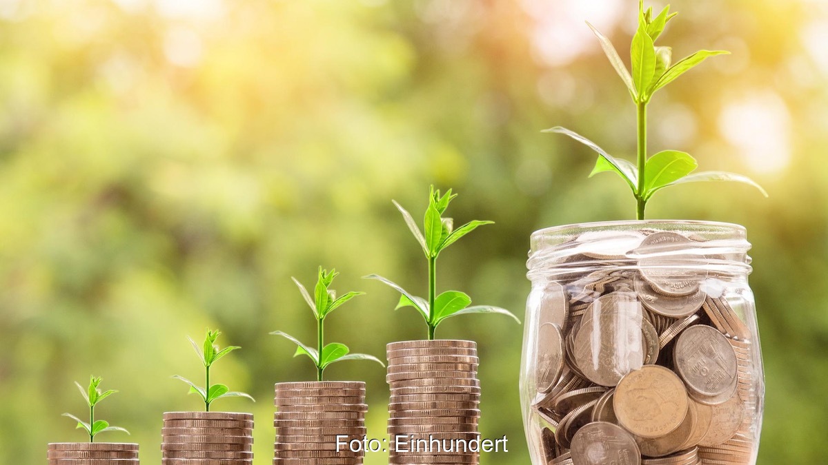 Münzstapel mit grünen Pflänzchen als Symbol für Investition und Finanzierung von Mieterstrom-Projekten