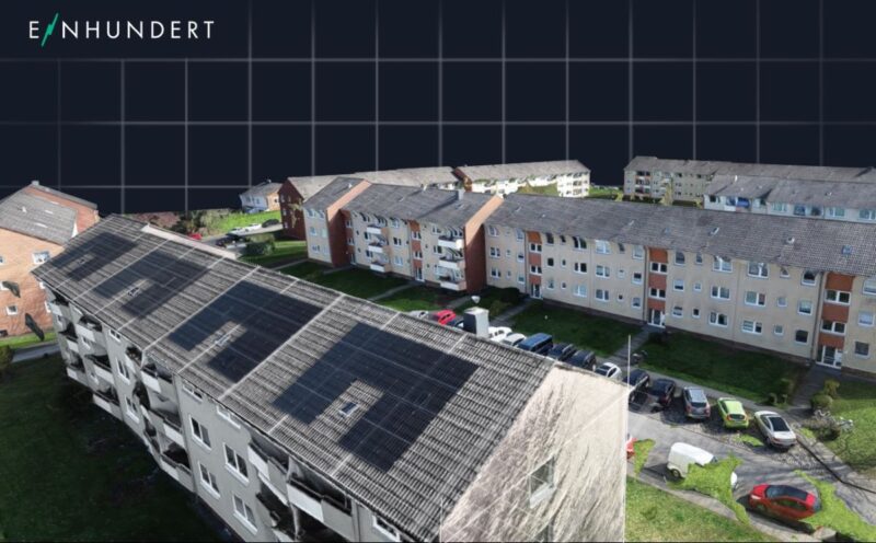Visualisierung eines Wohnquartiers nach energetischer Sanierung mit PV.