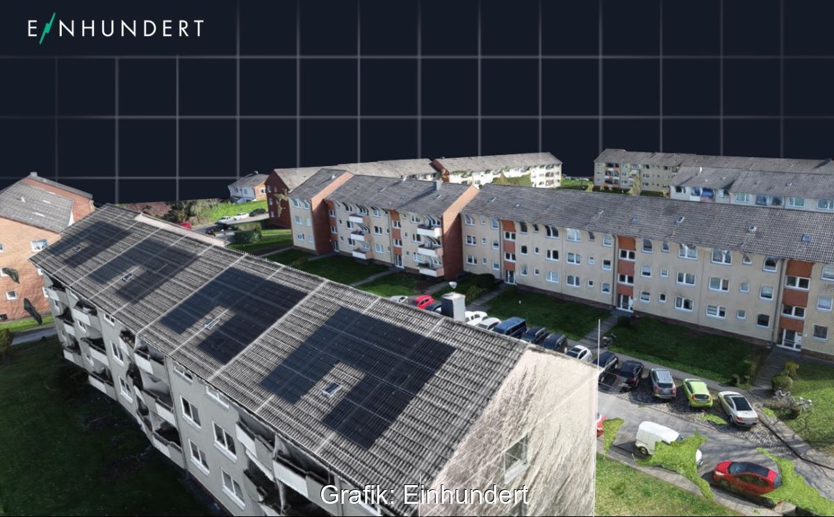 Visualisierung eines Wohnquartiers nach energetischer Sanierung mit PV.