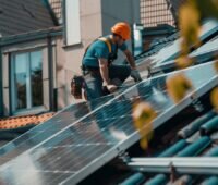 Das Dach eines Mehrparteienhauses. Im Vordergrund montiert ein Handwerker eine PV-Anlage. Bild von Metergrid für ein Mieterstrom-Proejkt.