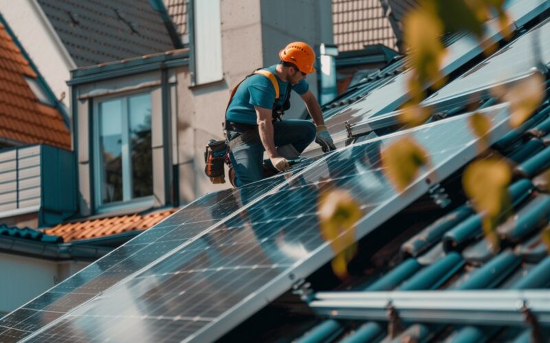 Das Dach eines Mehrparteienhauses. Im Vordergrund montiert ein Handwerker eine PV-Anlage. Bild von Metergrid für ein Mieterstrom-Proejkt.