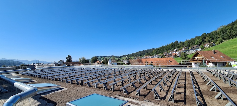 Blick über neu angelegtes Gründach, auf dem bereits Montagesysteme stehen, aber noch keine Photovoltaik-Anlage