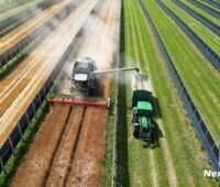 Traktoren zwischen Reihen von vertikalen Agri-PV-Modulen