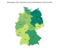 Eine in unterschiedlichen Grüntönen eingefärbte Deutschlandkarte zeit die Netzentgelte 2026.