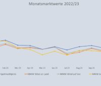 IIm Bild eine Grafik, die die Entwicklung des Monatsmarktwert Solar bis Dezember 2023 im Vergleich zu anderen Monatsmarktwerten zeigt.