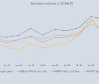 Im Bild eine Grafik, die die Entwicklung des Monatsmarktwert Solar bis Februar 2025 im Vergleich zu anderen Monatsmarktwerten zeigt. Daten: Netztransparenz.de,
