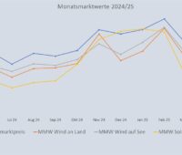 Im Bild eine Grafik, die die Entwicklung des Monatsmarktwert Solar bis Mai 2025 im Vergleich zu anderen Monatsmarktwerten zeigt.