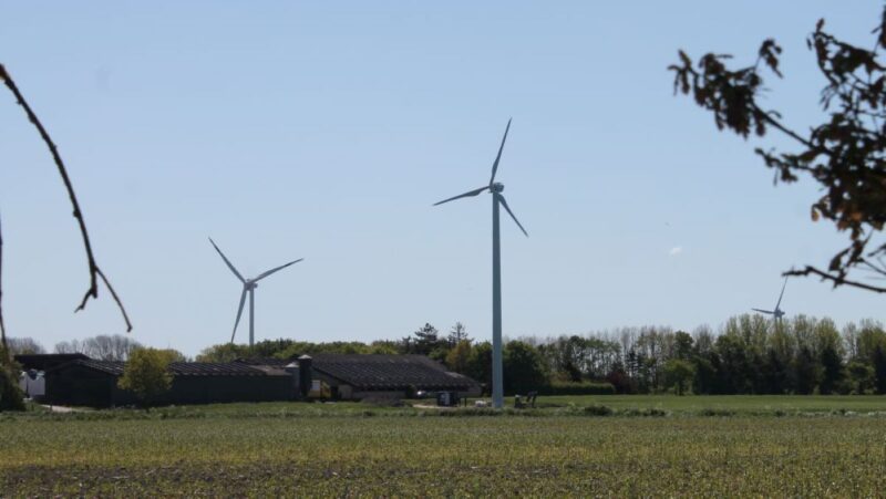 Eine Kleinwindanlage auf einem Hof in Schleswig-Holstein. Im Hintergrund eine Großwindkraftanlage.