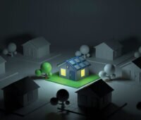 Grafik einer stilisierten Wohnsiedlung bei Nacht - nur das Haus in der Mitte mit Photovoltaik hat beleuchtete Fenster dank Notstrom