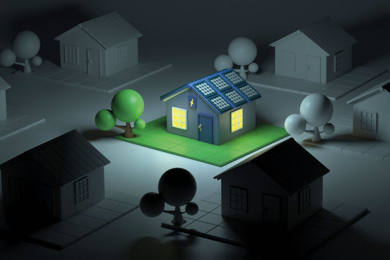 Grafik zeigt ein erleuchtetes Haus mit Photovoltaikanlage inmitten einer dunklen Siedlung.