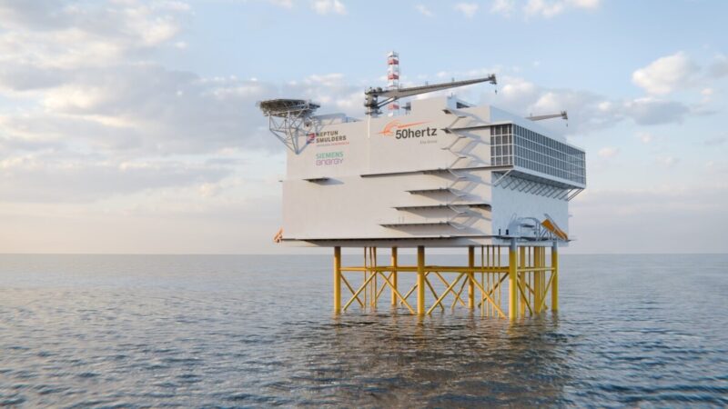 Computergenerierte Darstellung einer Offshore-Konverterplattform auf dem Meer. Die Anlage steht auf einer Stahlunterkonstruktion in der Nordsee.