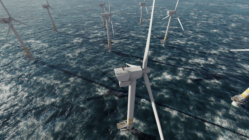 Offshore-Windenergie-Anlage aus der Vogelperspektive, zwei Menschen auf dem Turbinenhaus.
