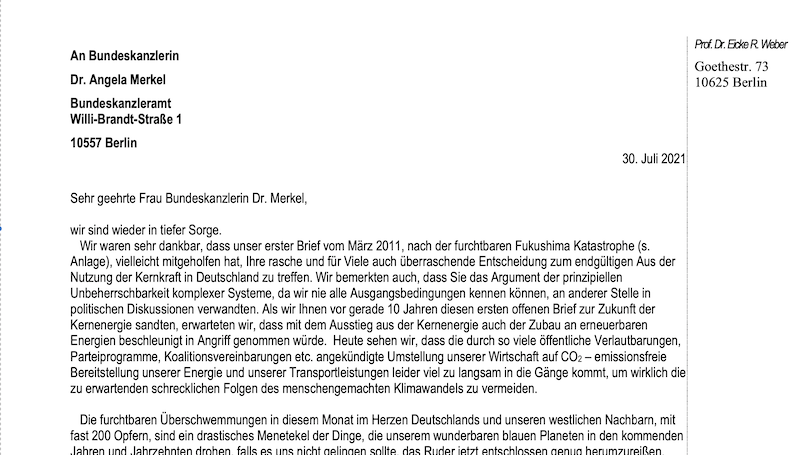 Screenshot des offenen Briefs an Angela Merkel, der Klimaneutralität 2035 fordert