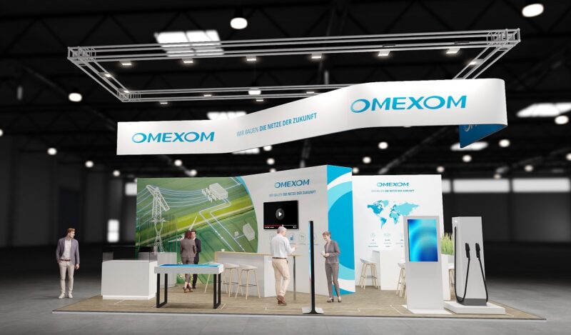 Die Abbildung zeigt einen virtuellen Messestand von Omexom, das Unternehmen ist auf der E-World in Essen vertreten.