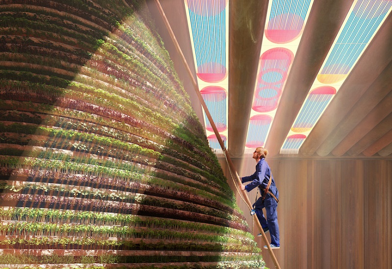 Zu sehen ist das Innere des niederländischen Pavillons zur Expo 2020 Dubai, für den das Architekturbüro V8 Architects organische PV in ein semitransparentes Photovoltaik-Solardach eingelassen hat.