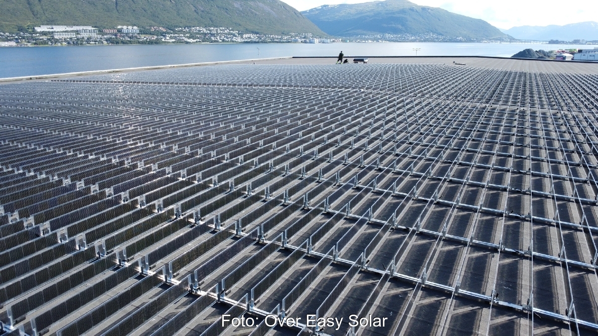 Vertikal stehende PV-Module auf einem Hafengebäude am Rande eines Fjords.