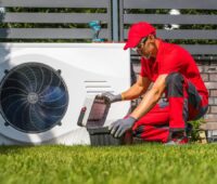 Ein Heizungsmonteur in roter Arbeitskleidung hockt neben einer hellgrauen Wärmepumpe, die vor einem dunklen Zaun aufgestellt ist.
