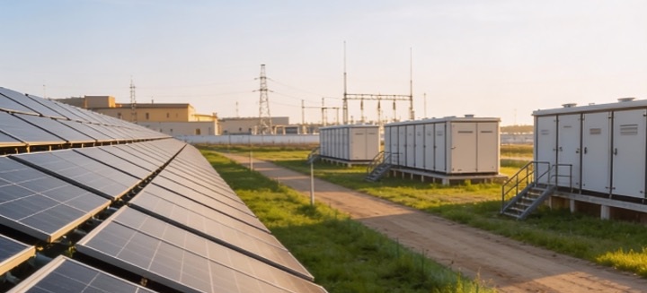 Photovoltaik-Module und Batteriespeicher, Co-Location von Batteriespeichern sichert Rentabilität des Solarparks.