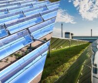 Eine Collage aus konzentrierenden Parabolrinnen-Solarkollektoren von Absolicon und einer Solarthermie-Großanlage mit Savosolar-Kollektoren.