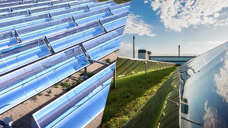 Eine Collage aus konzentrierenden Parabolrinnen-Solarkollektoren von Absolicon und einer Solarthermie-Großanlage mit Savosolar-Kollektoren.