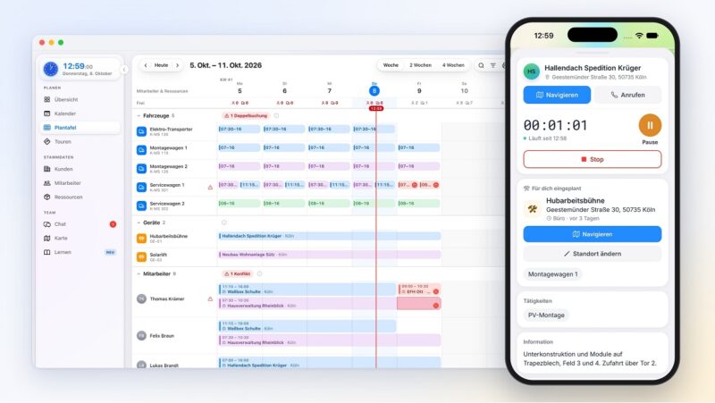 Ein Computerbildschirm und ein Handy, die Software für Einsatzplanung Crew Active verbindet die Plantafel im Büro mit der App der Montageteams.