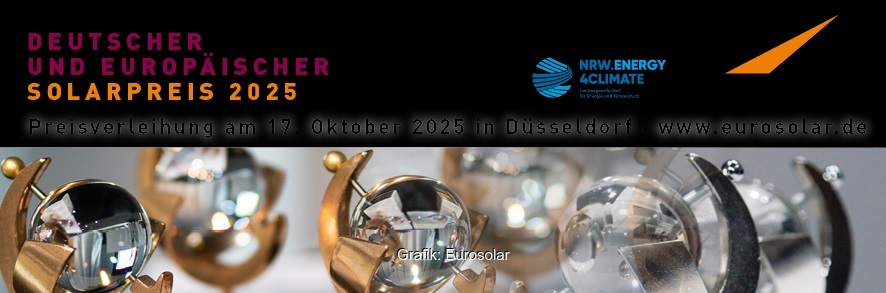 Im Bild eine Grafik von Eurosolar mit den Pokalen und Aufschrift Deutscher und Europäischer Solarpreis 2025.