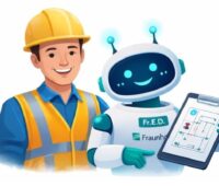 Eine mit KI-erstellte Zeichnung stellt einen Mann mit Arbeitshelm dar, der neben einem KI-Männchen mit Tablett steht, das KI-Tool Fr.E.D soll Wissen in der kommunalen Wärmeplanung vermitteln.