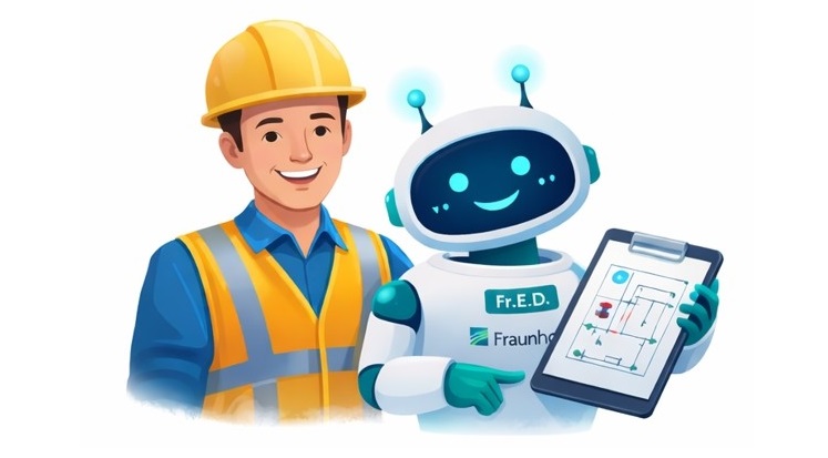 Eine mit KI-erstellte Zeichnung stellt einen Mann mit Arbeitshelm dar, der neben einem KI-Männchen mit Tablett steht, das KI-Tool Fr.E.D soll Wissen in der kommunalen Wärmeplanung vermitteln.