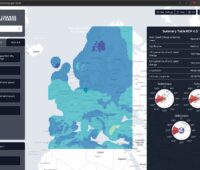 Eine Bildschirmansicht der WebGIS-Anwendung, die ermittelt, welchen Einfluss der Klimawandel auf den Ertrag von Windparks hat.