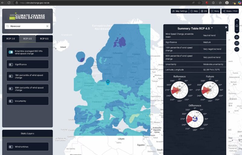 Eine Bildschirmansicht der WebGIS-Anwendung, die ermittelt, welchen Einfluss der Klimawandel auf den Ertrag von Windparks hat.