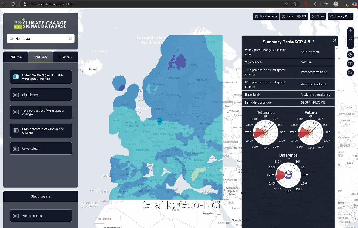 Eine Bildschirmansicht der WebGIS-Anwendung, die ermittelt, welchen Einfluss der Klimawandel auf den Ertrag von Windparks hat.