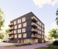 Eine Architektenzeichnung eines würfelförmigen Neubaus in Bremen, der Photovoltaik-Mieterstrom bieten soll.