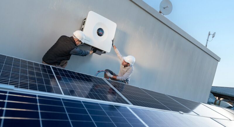 Im Bild zwei Männer, die einen Sunny Tripower X 60 Photovoltaik-Wechselrichter von SMA an eine Außenwand schrauben.