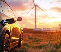 Ein E-Auto mit Windenergieanlage und Photovoltaik-Anlage, Dehn zeigt auf der Intersolar 2026 Schutzlösungen für Gleichstrom.