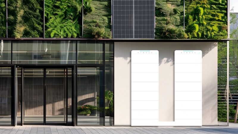 Zwei Photovoltaik-Gewerbespeicher M-ELV BattBank von Atmoce stehen vor einem Gebäude.