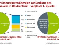 Ein Tortendiagramm zeigt die Anteile der unterschiedlichen Energieträger am Stromverbrauch in Deutschland im ersten Quartal 2026.