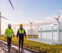 Batteriespeichercontainer an einem Windpark, Alterric und Voltfang verwirklichen Co-Location-Großspeicherprojekt in Niedersachsen.