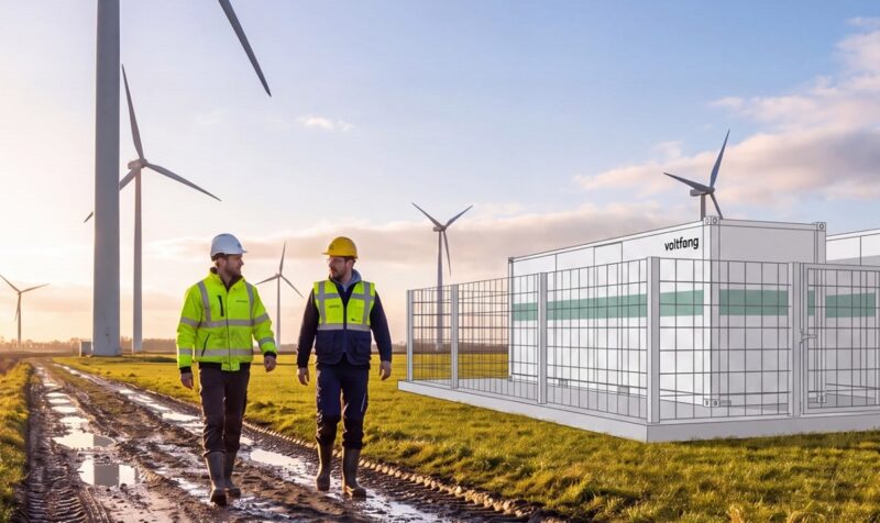 Batteriespeichercontainer an einem Windpark, Alterric und Voltfang verwirklichen Co-Location-Großspeicherprojekt in Niedersachsen.