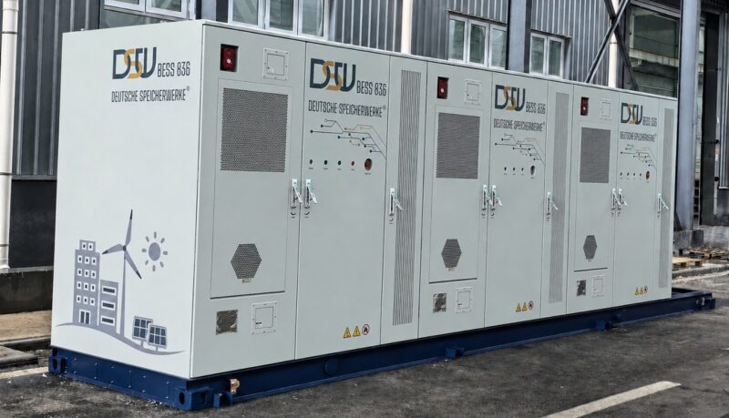 Drei große Batteriespeicher in einem Aufbau, im Bild der neue DSW-2,5-MWh-Skid.
