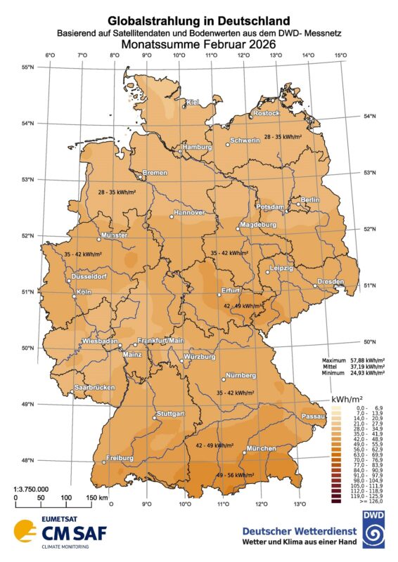 Zu sehen ist eine Deutschland-Karte mit der Sonneneinstrahlung in Deutschland im Februar 2026.