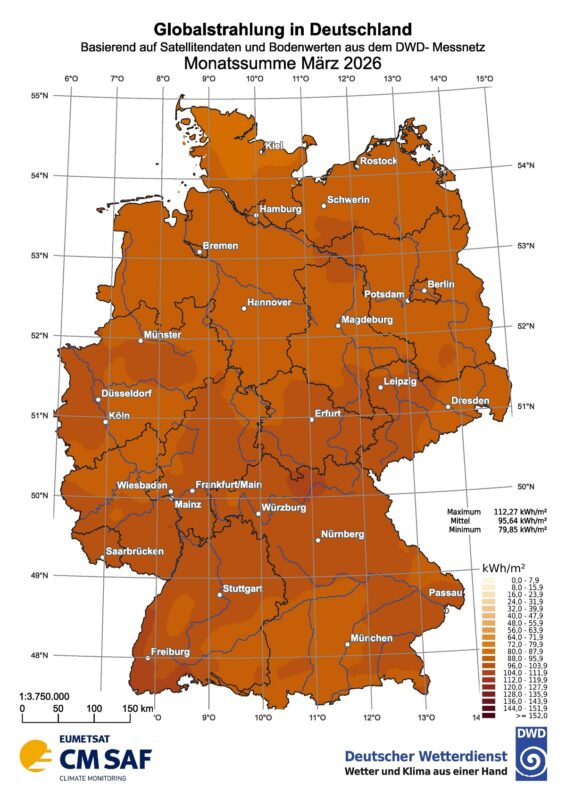 Zu sehen ist eine Deutschland-Karte mit der Sonneneinstrahlung in Deutschland im März 2026.