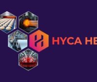 Sechseckige Kacheln auf violetten Hintergrund zeigen Schlaglichter der Hyca-Heat-Technologie für klimafreundliche Prozesswärme.