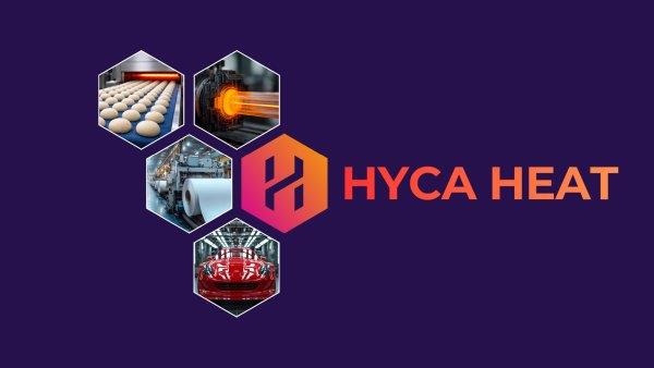 Sechseckige Kacheln auf violetten Hintergrund zeigen Schlaglichter der Hyca-Heat-Technologie für klimafreundliche Prozesswärme.