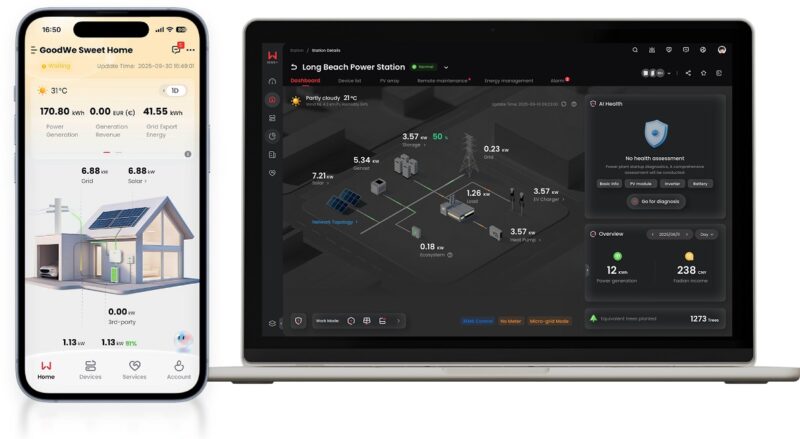 Im Bild das Heim-Energiemanagementsystem (HEMS) SEMS+ von Goodwe in einer App auf dem Handy und im Browser auf einem Laptop.